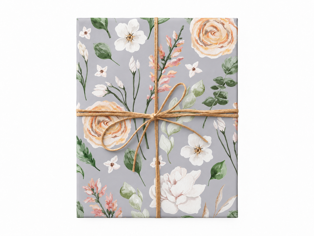 watercolor floral gray wrapping paper gift box with jute twine