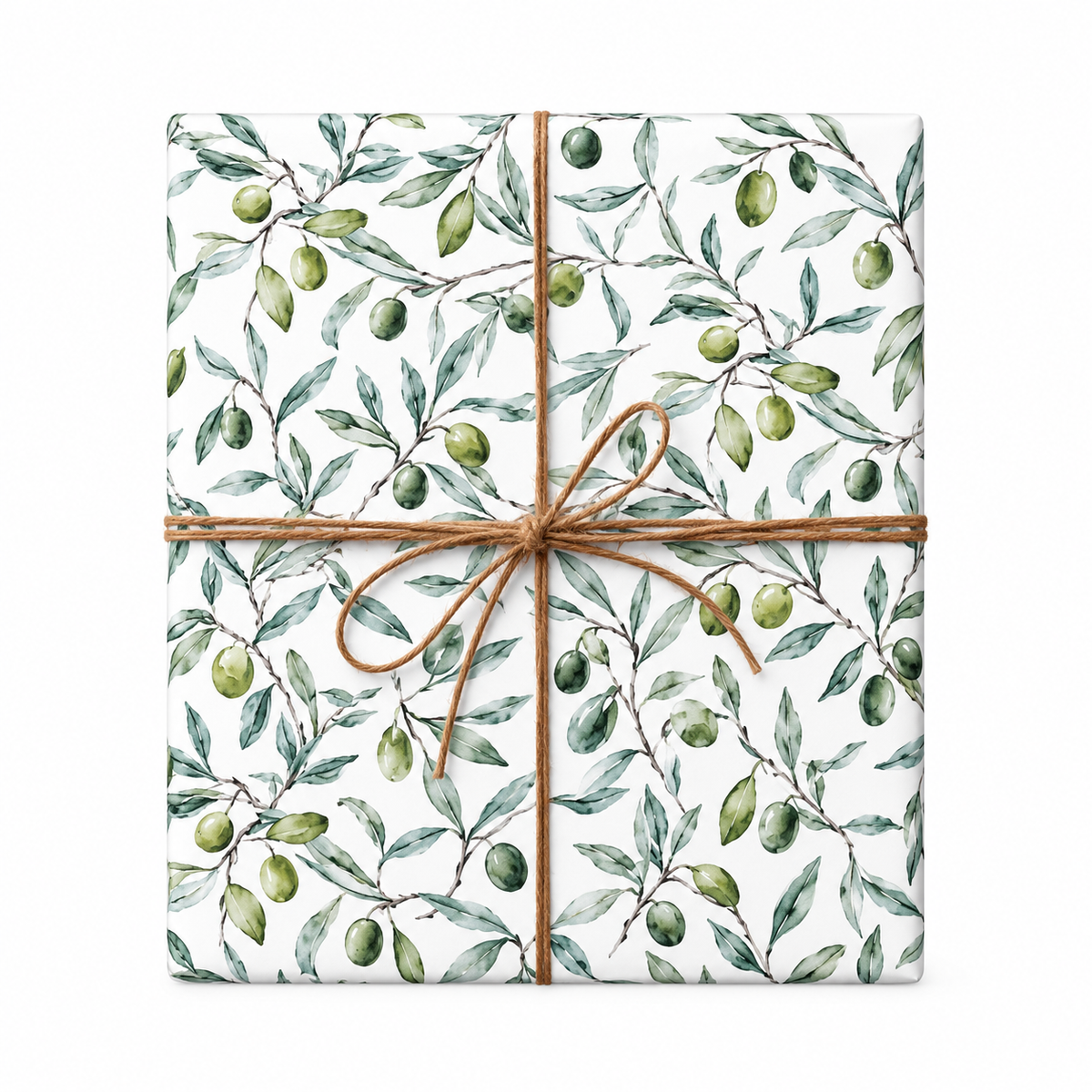 Watercolor olive branch wrapping paper with smaller botanical pattern and natural twine