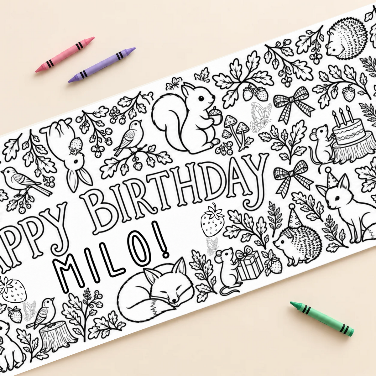 Whimsical forest birthday coloring banner with example name Milo