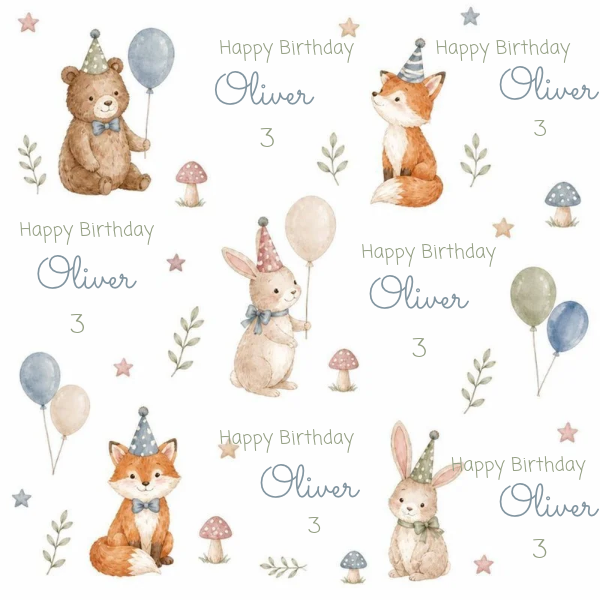 Watercolor woodland birthday design with bears, foxes, rabbits and personalized name and age