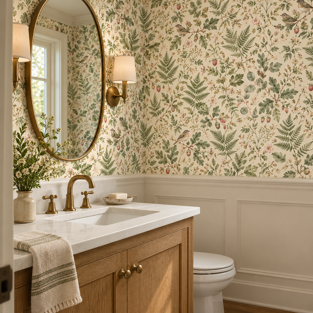 Woodland Fern and Birds wallpaper in a powder room