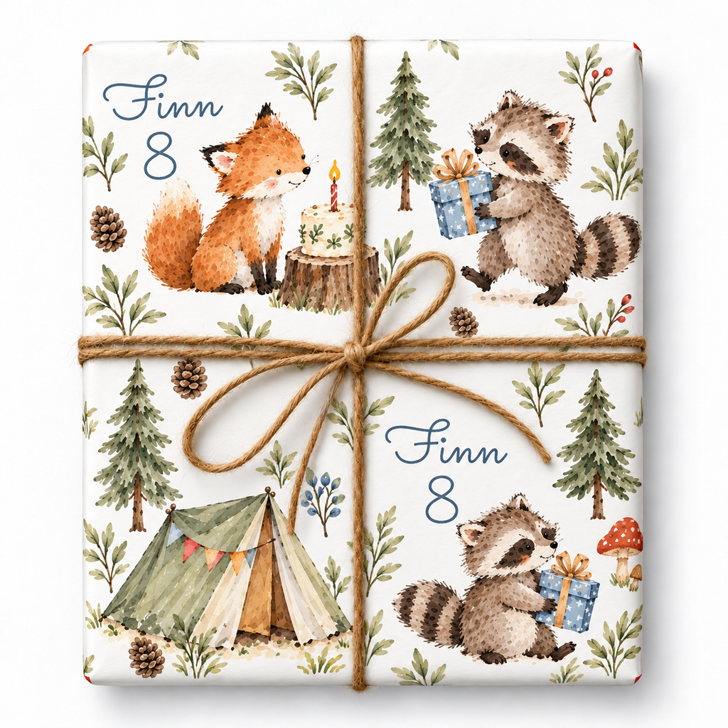 Birthday Campout personalized gift wrap with large watercolor artwork and natural twine