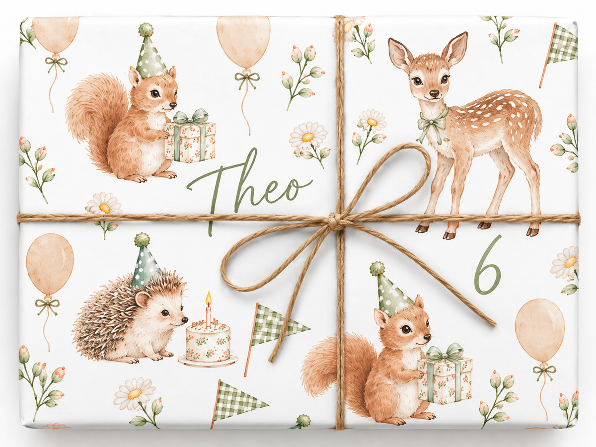 Woodland Picnic personalized gift wrap with enlarged artwork and natural twine